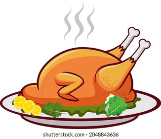 Hot   tasty roasted chicken meat plate and lemon   coriander  Vector chicken meat isolated white background  Vector whole chicken meat and its legs   wings  Chicken meat 