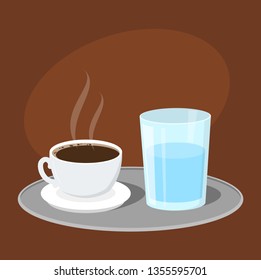 Hot tasty turkish coffee served with a glass of water. Traditional arabic drink. Aromatic beverage. Vector illustration in cartoon style