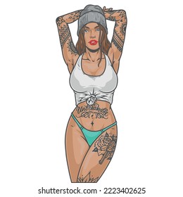 Hot tattoo girl label colorful with cocky tattoos on body is in panties and short T-shirt vector illustration