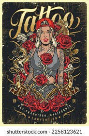 Hot tattoo woman poster colorful with roses near skull with snake and blonde girl inviting to tattoo parlor vector illustration