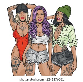 Hot tattoo women colorful label with cocky girl friends standing in summer holiday clothes in sunny resort vector illustration