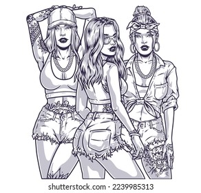 Hot tattoo women monochrome emblem three cocky girl friends are standing in clothes for summer party in nightclub vector illustration