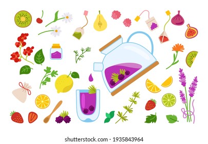 Hot tea with blackberries and herbs, fruits cartoon set. Kettle medical healthy herbal tea in a transparent teapot. Hand drawn collection ingredients lavender, apple pear, strawberry and ginger vector
