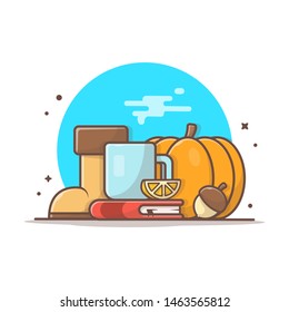 Hot Tea with Book and Pumpkin Vector Illustration. Reading Book. Happy Autumn. Autumn Vector Illustration. Flat Cartoon Style Suitable for Web Landing Page,  Banner, Flyer, Sticker, Card, Background