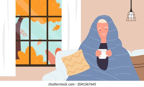 Hot tea or chocolate cup for cute kid vector illustration. Cartoon boy child character holding hot tea drink, sitting under cozy blanket in comfort home room by window with autumn landscape background