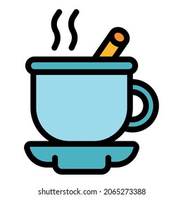 Hot tea cinnamon icon. Outline hot tea cinnamon vector icon color flat isolated