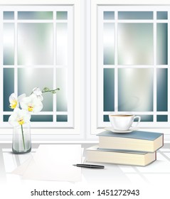 Hot tea or coffee cup on books pile with pen, empty papers and white orchids in clear glass vase on the table beside the windows. Vector illustration 