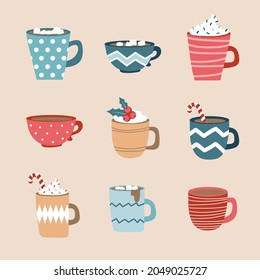 Hot tea, coffee cups set. Vector winter holidays elements. Set of cups in pastel cozy colors. Flat design