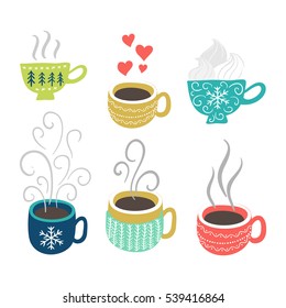 Hot tea, coffee cups set. Vector winter holidays elements