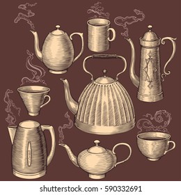 Hot Tea and Coffee. Design set. Hand drawn engraving. Vector vintage illustration. Isolated on color background. 8 EPS