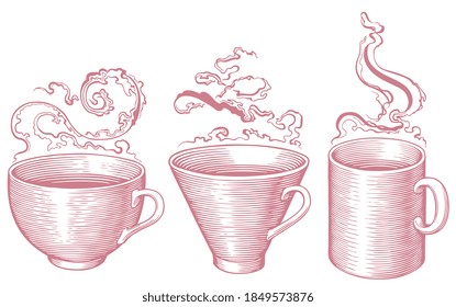 Hot tea and coffee. Hand drawn engraving. Editable vector vintage illustration. Isolated on white background. 8 EPS