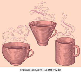 Hot tea and coffee. Hand drawn engraving. Editable vector vintage illustration. Isolated on light background. 8 EPS