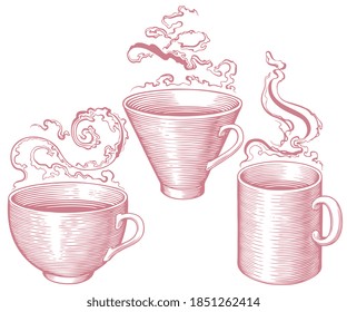 Hot tea and coffee. Hand drawn engraving. Editable vector vintage illustration. Isolated on white background. 8 EPS