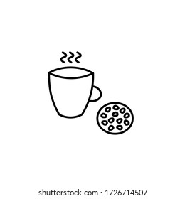 
hot tea or coffee in a mug and a cookie. Tea party or breakfast. black vector graphics