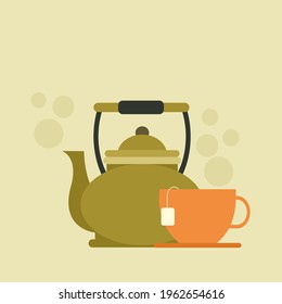 Hot tea in a cup along with a teapot