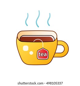 Hot tea cup with bag label isolated.