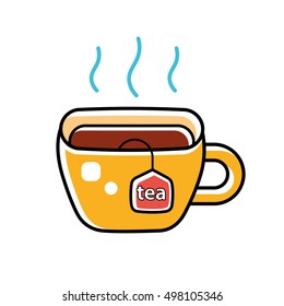 Hot tea cup with bag label, icon isolated.