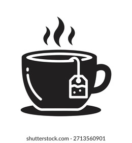 Icono de Vector negro sólido de la etiqueta del bolso de la taza de té caliente aislado fondo blanco desayuno de la mañana bebida herbal taza de vapor café restaurante menú símbolo gráfico ilustración