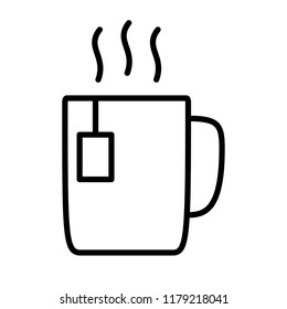 Hot tea cup with tea bag thin line vector icon, isolated on white background. Modern flat style for graphic design, mobile app or web site.