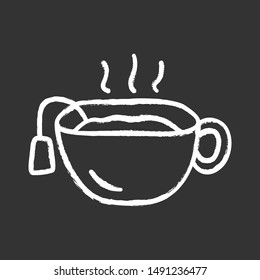 Hot tea cup chalk icon. Mug with warm delicious beverage isolated vector chalkboard illustration. Teatime break, breakfast symbol. Traditional british drink, national english refreshment