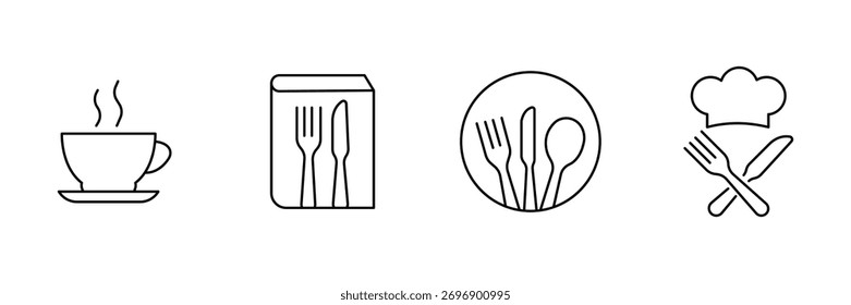 Xícara de chá quente, menu do livro de receitas, prato círculo da talheres, conjunto de ícone de faca de garfo de chapéu chef, ilustração do vetor do restaurante, culinária de bebida de comida mínima.