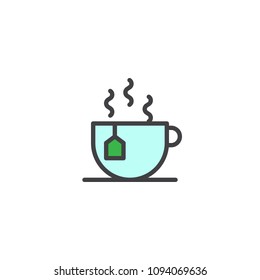 Hot tea cup filled outline icon, line vector sign, linear colorful pictogram isolated on white. Green tea bag symbol, logo illustration. Pixel perfect vector graphics