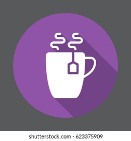 Hot tea cup flat icon. Round colorful button, circular vector sign with long shadow effect. Flat style design