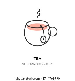 Hot tea cup flat line icon. Contour emblem logo template of traditional green tea. Simple shape of glass mug with tea bag. Symbol organic herbal hot drink closeup Isolated on white vector illustration