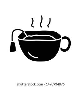 Hot tea cup glyph icon. Teatime break, breakfast silhouette symbol. Negative space. Mug with warm delicious beverage vector isolated illustration. Traditional british drink, english refreshment