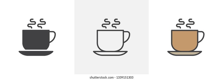 Hot tea cup icon. Line, glyph and filled outline colorful version, Coffee cup and saucer outline and filled vector sign. Breakfast symbol, logo illustration. Different style icons set. Vector graphics