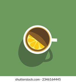Hot tea cup with lemon on green background. Tasty breakfast concept. Energy drink. Flat vector design close up. Herbal tea art. Cafe poster mock up. Mug icon view. Fresh morning beverage. Aroma sign.