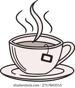 Hot Tea Cup Line Icon with Steam and Tea Bag