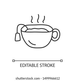 Hot tea cup linear icon. Mug with warm delicious beverage thin line illustration. Teatime break, breakfast contour symbol. National english drink vector isolated outline drawing. Editable stroke