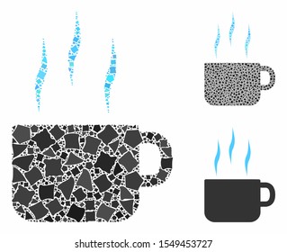 Hot tea cup mosaic of rough pieces in variable sizes and color tints, based on hot tea cup icon. Vector joggly pieces are united into collage. Hot tea cup icons collage with dotted pattern.