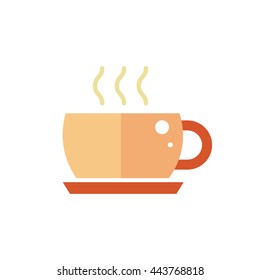 Hot tea in cup with saucer illustration. Coffee with steam web icon. Flat isolated cup on white background