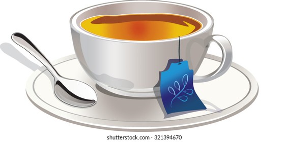 Hot tea in a Tea cup with silver spoon. Vector