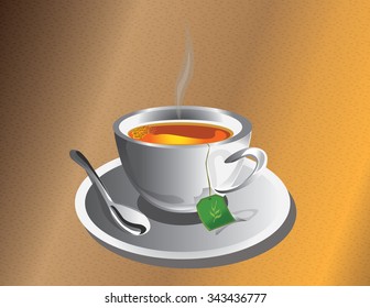 Hot Tea cup with silver spoon. Vector