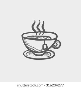 Hot tea in a cup sketch icon for web, mobile and infographics. Hand drawn vector dark grey icon isolated on light grey background.