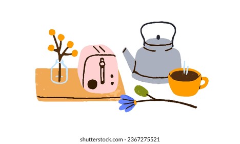 Heiße Teebecher, Teakessel, Toaster und Blume in Vase, Morgenkomposition. Wasserkocher, Teekanne, Kaffee-Getränk, Küchengerät zum Frühstück. Flache Vektorgrafik einzeln auf weißem Hintergrund