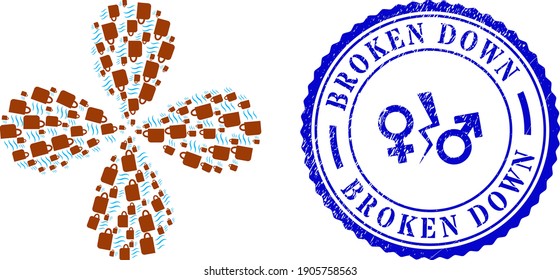 Hot tea cup twirl flower with four petals, and blue round BROKEN DOWN grunge badge with icon inside. Object cluster done from oriented hot tea cup items. Vector flower collage in flat style.
