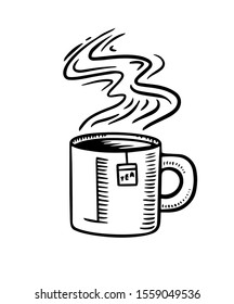  Hot tea in a cup. Winter warming drink with steam. Engraved hand drawn in old doodle vintage sketch. Template for notepad or sticker, logo or menu in a coffee shop.