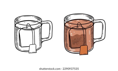 Hot tea drink in package glass mug hand drawn sketch art vector illustration.