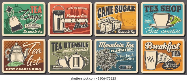 Hot tea drink retro posters, vector tea bags, vacuum flask and cane sugar, porcelain cup, mint leaf and teapot. Mountain plantation tour, bush and croissant, tea ceremony or utensil shop assortment