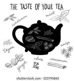hot tea flavors, hand drawn tea herbs and spices for menu hot drink 