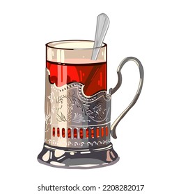 Hot tea in a glass cup and a metal cup holder with a spoon. Symbol of traditional Russian tea drinking.