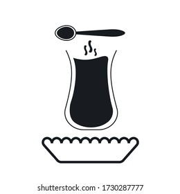 hot tea in the glass, tea spoon, coaster icon set. Black flat design vector. turkish tea concept
