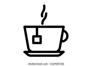  Hot tea icon. Cup with plate and a tea bag. Steam coming out of tea. Line symbol on a white background. Vector.