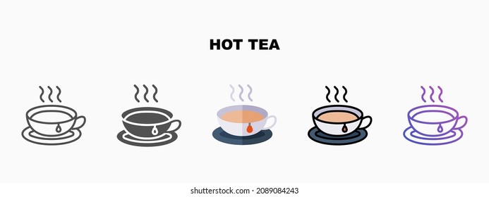 Hot Tea icon set with different styles. Icons designed in outline, flat, glyph, line colored and gradient. Can be used for web, mobile, ui and more. Enjoy this icon for your project.