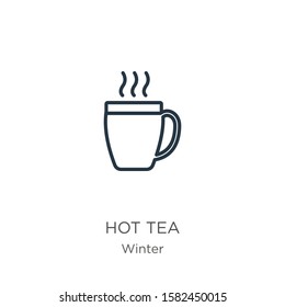 Hot tea icon. Thin linear hot tea outline icon isolated on white background from winter collection. Line vector sign, symbol for web and mobile