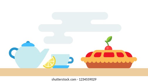 Hot Tea Kettle, Cup With Saucer And Cherry Pie On The Table Vector Flat Icon Isolated On White